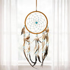 OMA Large Dream Catcher – Brown Suede with Turquoise Stones and Feathers, Traditional Dreamcatcher for Bedroom, Living Room, Dorms & Gift, Size - 28” x 9”