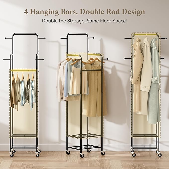 Chrislley Clothes Rack with Wheels, 71" Portable Clothing Rack with 2 Shelves and 4 Hooks, Small Rolling Garment Rack, 4 Hanging Rods Metal Coat Rack for Bedroom, Apartment, Entryway, Black