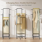 Chrislley Clothes Rack with Wheels, 71" Portable Clothing Rack with 2 Shelves and 4 Hooks, Small Rolling Garment Rack, 4 Hanging Rods Metal Coat Rack for Bedroom, Apartment, Entryway, Black