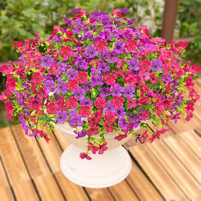 Artificial Fake Flowers Plants for Outdoors Spring Summer Decoration,16 Bundles Faux Flowers Silk Daisy Plants UV Resistant for Outside Planters Front Porch Patio Window Garden(Light Purple,Fuchsia)