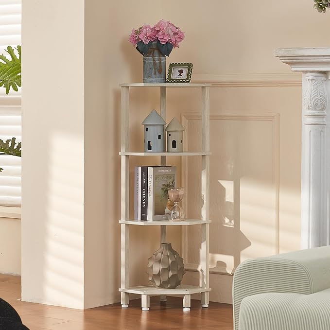 YUFAM 4-Tier Corner Shelf with Sturdy 5-Leg Base, Wooden Corner Bookshelf for Small Spaces, Corner Standing Shelf for Living Room, Bedroom, Office, Grey White