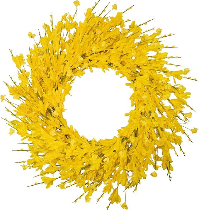 24 Inch Artificial Yellow Forsythia Flower Wreaths, Silk Leaves Paper Floral Wreath for Front Door, Spring Summer Decor, All Season Wreath for Wall Window Farmhouse Wedding Home Decor