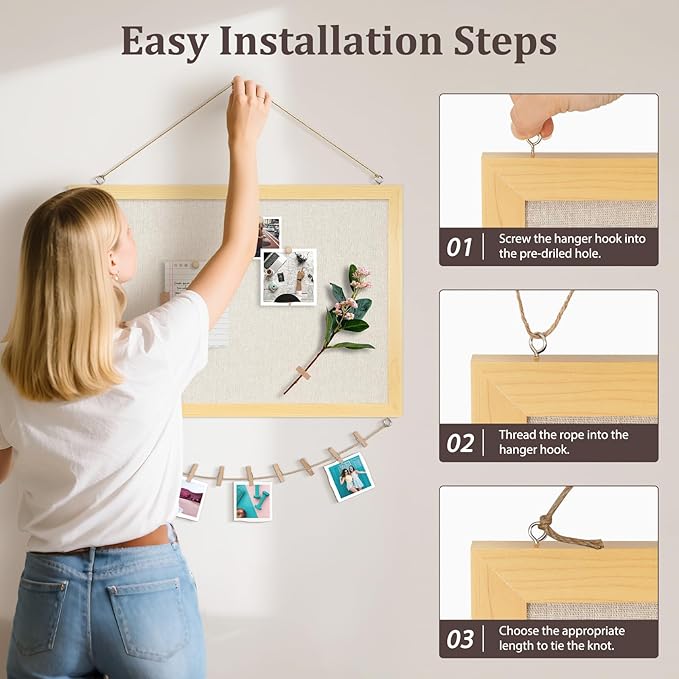 DOLLAR BOSS Bulletin Board with Linen 24'' x 18'' Wood Framed Cork Boards for Walls, Photo Display Pin Board, Decorative Corkboard for Office Home School Dorm Decor with 10 Pushpins, Natural Wood