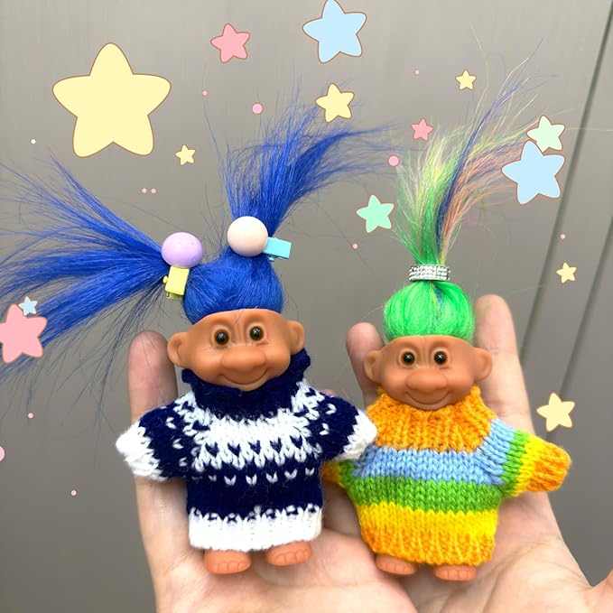 Retro Vintage Lucky Troll Dolls Assorted Hair Colors Chromatic Adorable for Collections, School Project, Arts and Crafts, Party Favors (Blue)