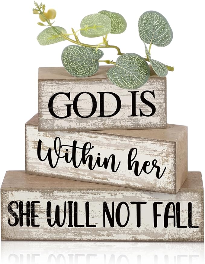 Lineshading 4 Pcs Christian Table Decor Inspirational Religious Gifts for Women God Is Within Her Bible Verse Wooden Block Signs Gift Farmhouse Christian Centerpiece for Mother's Day Home & Office