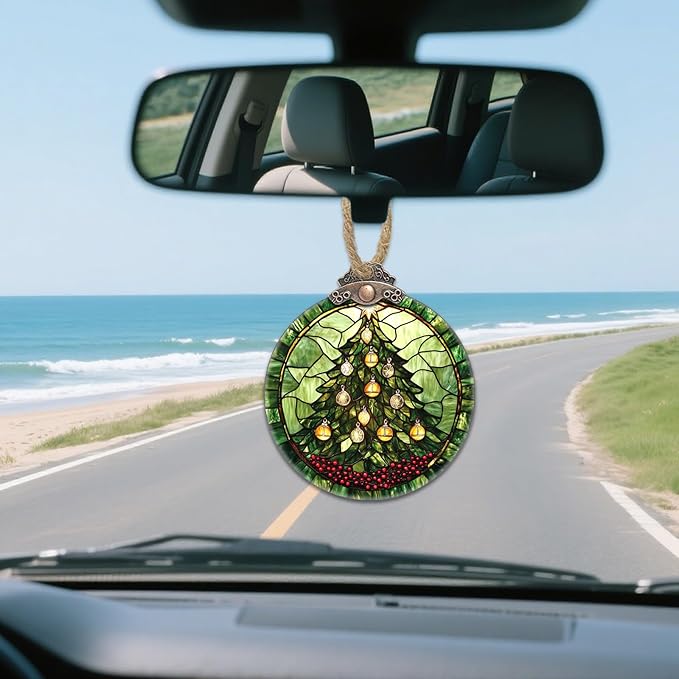 DASTOLL Stained Glass Christmas Decorations, Golden Bell Red Berries Suncatcher for Window Christmas Tree Hanging Ornaments Green Sun Catcher Xmas Decor Gifts for Women Men Mom Nana Friend