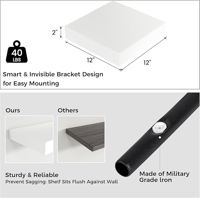 Venusmiles Square Floating Shelves for Wall, 12" W x 12" D x 2" H, 2 Pack of Small Wall Mounted Engineered Wood Shelves with Invisible Brackets for Living Room, Bedroom, Bathroom, Kitchen Decor, White