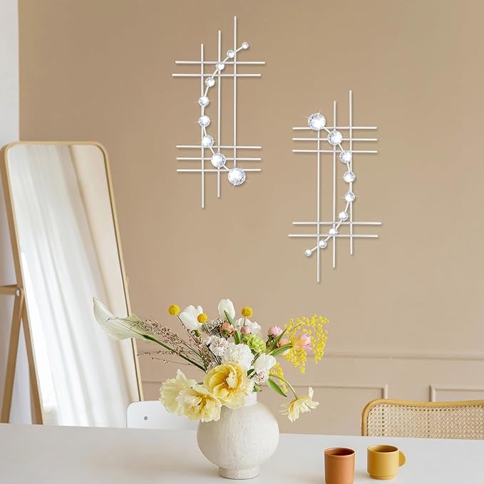 ZEXUIRU 2 Pcs Abstract Metal Art for Wall Decor Living Room Bedroom Bathroom Office Metal Bling Modern Geometric Hanging Vertical Small Iron Sculpture Plaque Pack -Silver 24in