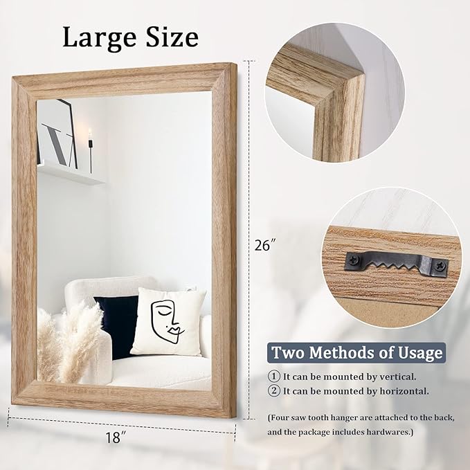 AAZZKANG Rustic Mirrors for Wall Rectangle Wooden Frame Hanging Mirror for Bedroom Bathroom Living Room Entryway Large 26"x18"