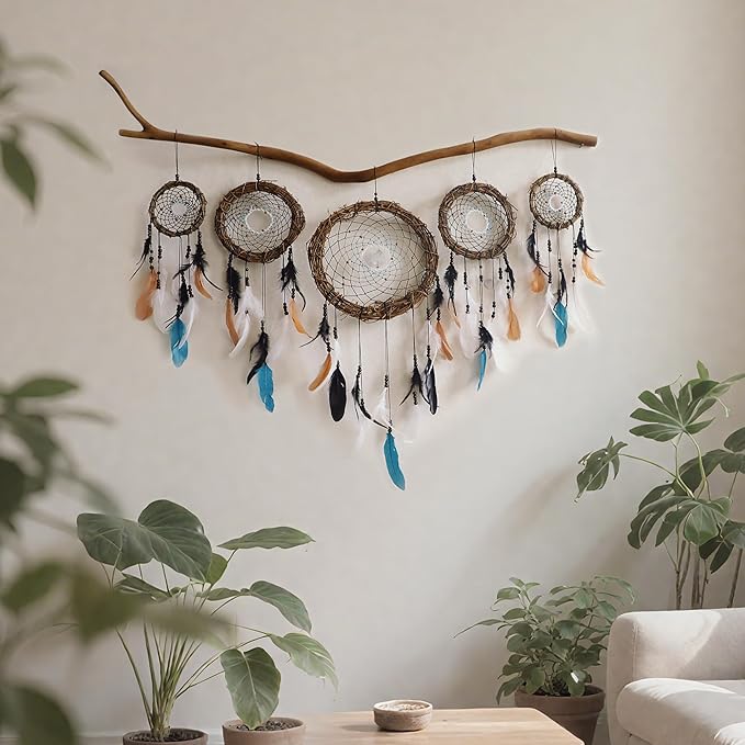 5 Pack Boho Dream Catcher Native American Wall Art Set, Handmade Natural Rattan Feathers Large Dreamcatcher Rustic Hanging Ornament Indian Wall Decor for Bedroom Adult