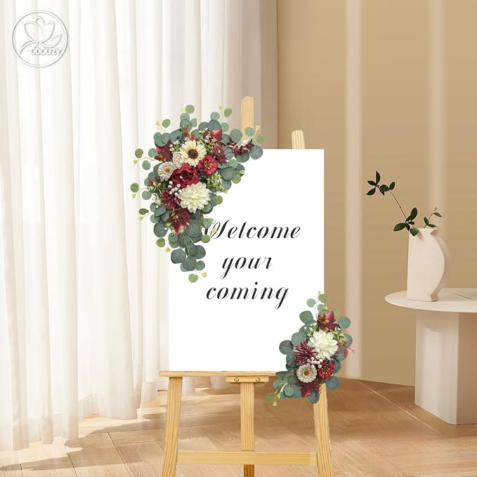 Odouzy Artificial Wedding Arch Flowers for Wedding Sign,Set of 2 for Welcome Ceremony Sign,Faux Floral Swags, Banquet and Reception Backdrop Floral Decoration (White Red)