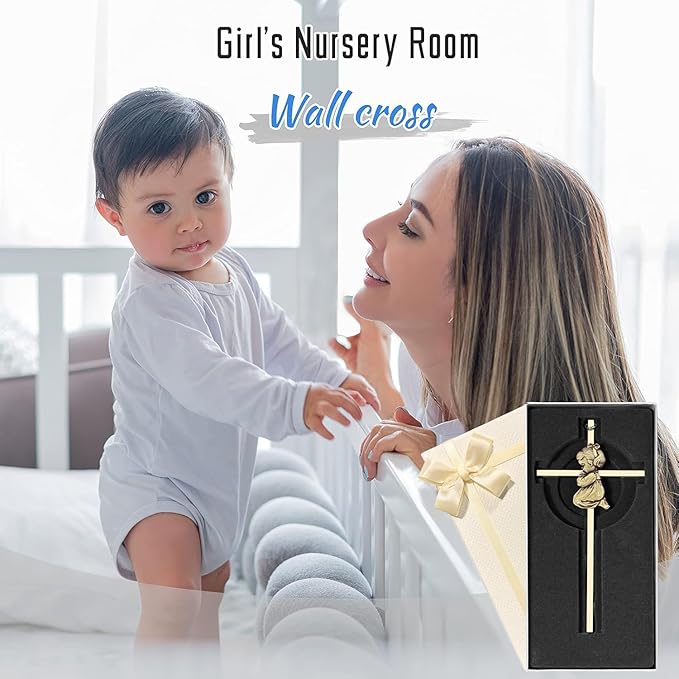 Baby Wall Cross Baptism Gifts for Girl 7-inch Olive Gold Praying Catholic Baby Girl Baptism Crosses for Christening, First Holy Communion & Baby Dedication Gifts, Baptismal Cross Newborn Nursery Decor