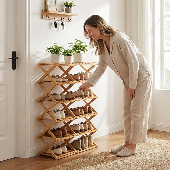The 9-Tier No-Assembly Bamboo Rack, 3-9 Tiers Bamboo Shoe Rack, Foldable Bamboo Vertical Shoe Organizer, Multifunctional & Space-Saving, For Entryway, Closet, Corner, Bedroom, Hallway (Walnut, 7Tiers)
