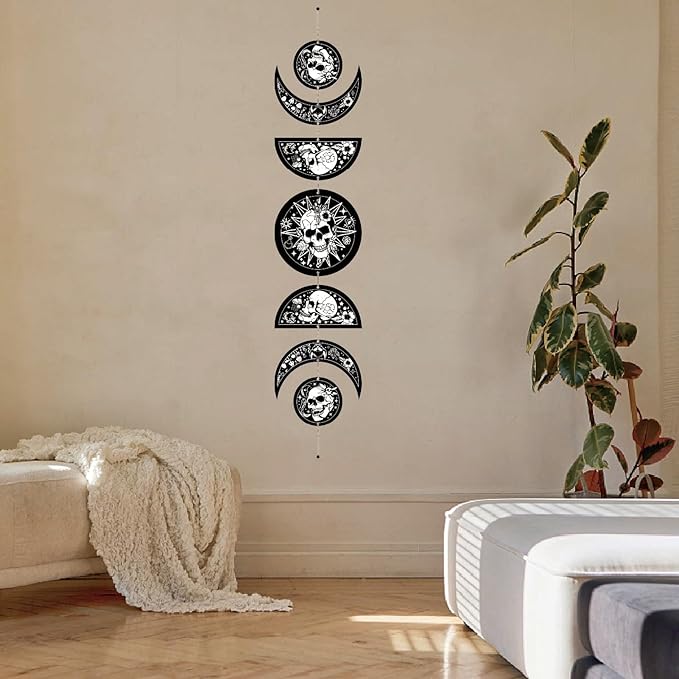 CREATCABIN 7Pcs Skulls Moon Phase Hanging Moon Cycle Wall Hanging Wooden Half Round Moon Ornament Ramadan Halloween Fall Home Decor Gifts for Bedroom Farmhouse Gallery Apartment Bar 37.1x6.3in