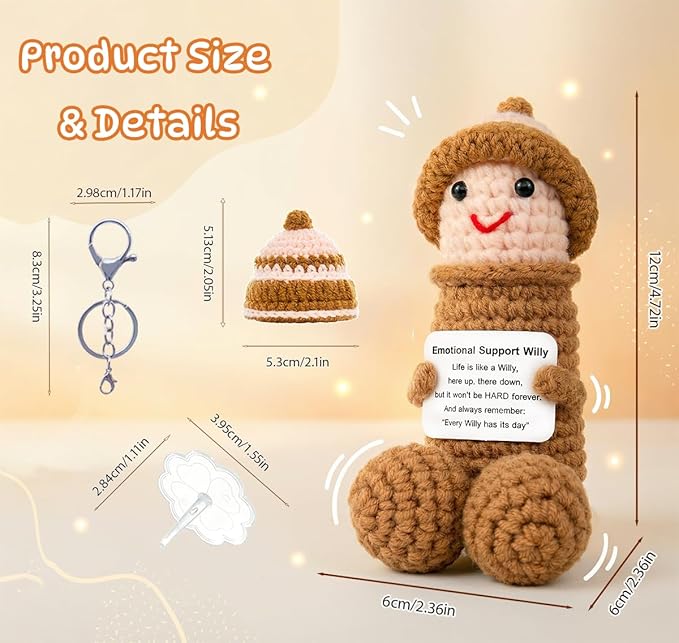 Funny Positive Crochet Animals Gag Doll Emotional Support Stuffed plushies for Adult Men Women,Weird Things Motivational White Elephant (Brown W with Hat)