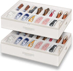Under Bed Shoe Storage Organizer for Closet, Fits 32 Pairs Underbed Shoes Box Storage Containers Under the Bed Storage Foldable with Sturdy Handles&Clear Window for College Dorms Beige, Set of 2