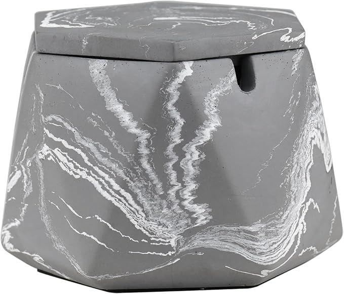FREELOVE Concrete Ashtray with Lid & Stainless Steel Ashtrays for Cigarettes, Cement Ash Tray Smoking Holder Indoor Smokeless Outdoor Windproof Patio Home Office Cool Decor(Grey-White, Large)