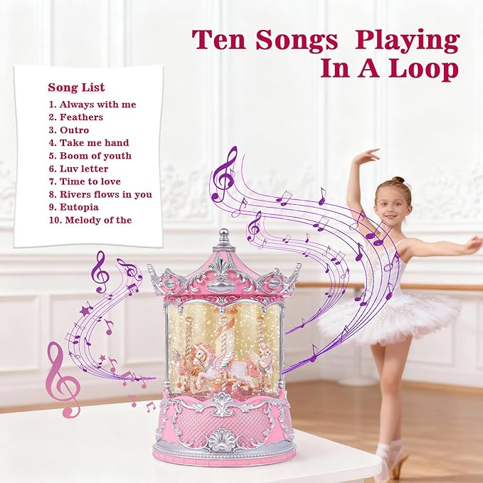 Gifts for Mom Pink Carousel Horse Snow Globe Music Box with Rotating Horses Musical Unicorn Snow Globe with Glitter for Girls, Women, Mom, Birthday Gifts Home Decorations (Pink Silver Carousel)