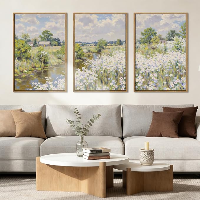 BINCUE Framed Wildflower Wall Art Rustic Floral Wall Decor Vintage Landscape Artwork Nature Flowers Wall Pictures Wildflowers Art Prints Florals Paintings for Living Room Bedroom Bathroom Farmhouse 16x24 Inches Set of 3 Gift
