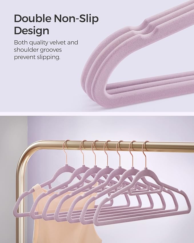 SONGMICS Velvet Hangers, Set of 50 Clothes Hanger with Rose Gold Swivel Hook, Non-Slip, and Space-Saving, 0.2-Inch Thick, 17.1-Inch Long for Coat, Shirt, Dress, Pants, Tie, Lavender Purple UCRF021GP50