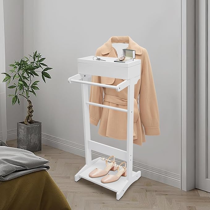Valet Stand for Men, Wood Suit Valet Stand with Drawer for Women Wood Clothing valet stand with Top Tray, Contour Hanger, Trouser Bar and Shoe Rack Organizer