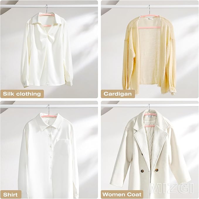 MIZGI 50 Pack Blush Pink Velvet Hangers - No Shoulder Bumps, Heavy Duty Non-Slip Chrome Hooks for Jackets, Coats, Pants