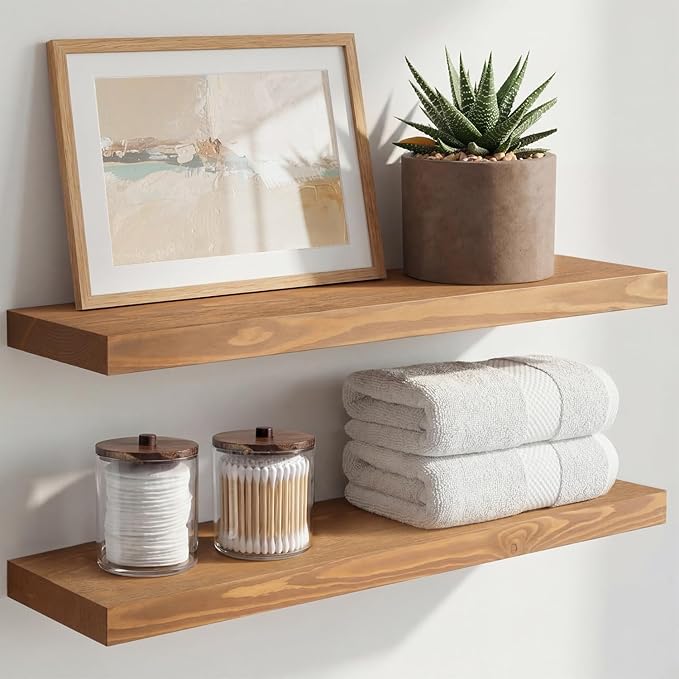 Homeforia 24 inch Golden Oak Floating Shelf, High End Solid Real Wood 24inch Small Floating Shelves for Wall Mounted, Oak Wooden 24in Floating Shelves, Heavy Duty Bracket, 24 X 6.5 X 1.75 in, Set of 3