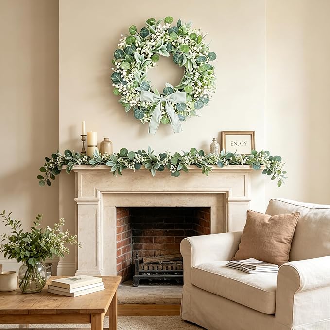 24" Summer Wreath for Front Door, Lamb Ear Grapevine Wreath, Artificial White Baby's Breath Berries Green Bow Decoration for Summer Farmhouse Indoor Staircase Outdoor Porch Decor