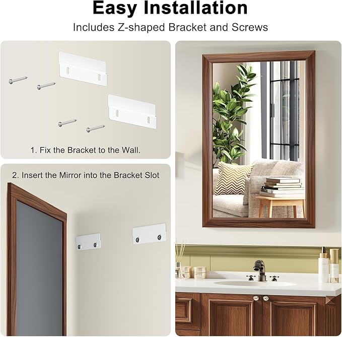 Bathroom Mirror for Over Sink,24x36Inch Thick Anti-Rust Wood Grain Metal Frame, Rectangle Decorative Wall Mirror with HD Tempered Glass, Horizontal or Vertical Mount for Vanity, Bathroom,Living Room