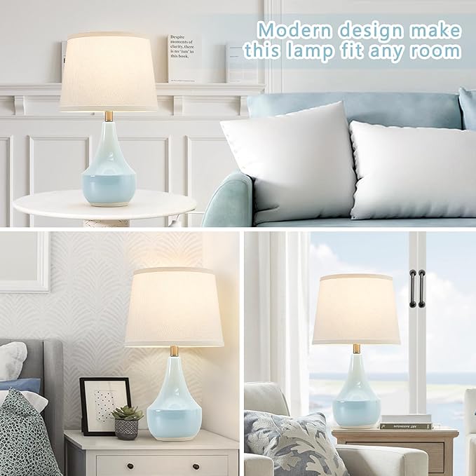 GyroVu 18" Table Lamp Set of 2, Ceramic Lamp Classic Beside Lamps Nightstand Lamp Modern Cute Lamp for Living Room, Bedroom & Office Rocker Switch Sky Blue-LED Bulbs Included