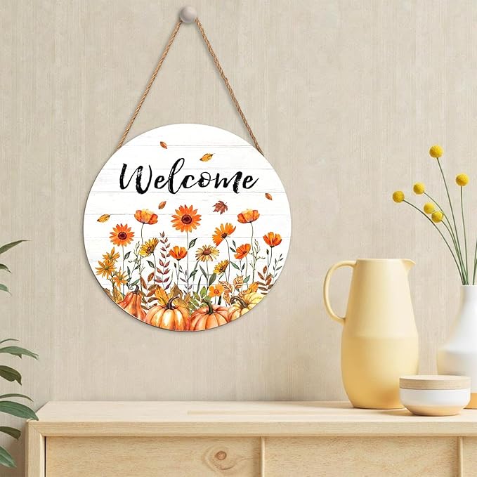 Fall Welcome Sign for Front Door Fall Floral Wooden Door Hanger 12x12 Inch Autumn Wreath for Outdoor Outside Porch Decor Farmhouse Flowers Welcome Hanging Sign for Home Wall Greeting Party