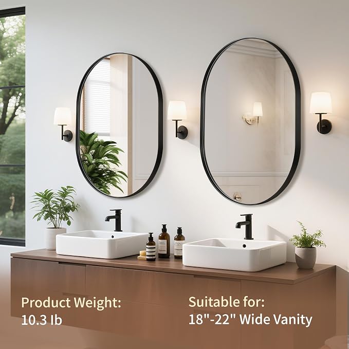 Black Oval Mirror, 17"x30" Oval Bathroom Mirror, Matte Black Mirror with Aluminium Alloy Frame, Anti-Rust, Tempered Glass, Wall-Mounted Modern Mirror for Bathroom, Bedroom, Living Room