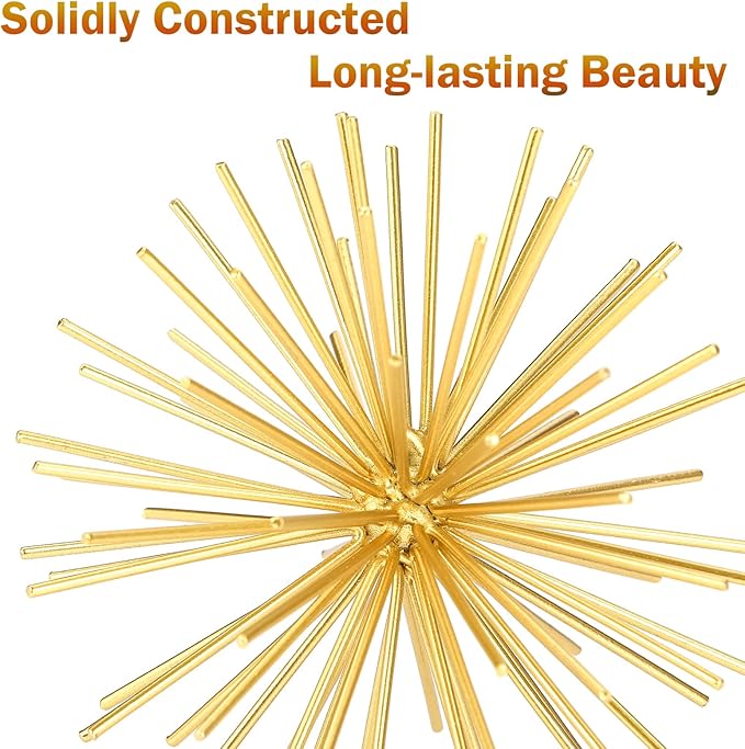 Metal Decorative Starburst Ball, 6 Inch Gold Sphere Decor, Spiky Star Burst Tabletop Sculpture, Mid-Century Modern Metal Spike Ball for Home, Living Room, Office & Shelf Decor