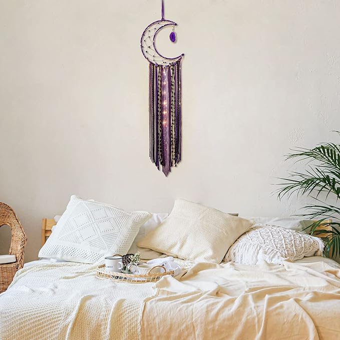 Witchy Crescent Moon Dream Catcher with Purple Agate, Witch Pagan Woven Wall Hanging Dreamcatcher with Light, Gothic Wiccan Hippie Decor with Ornament Decoration Women Gift for Bedroom Christmas