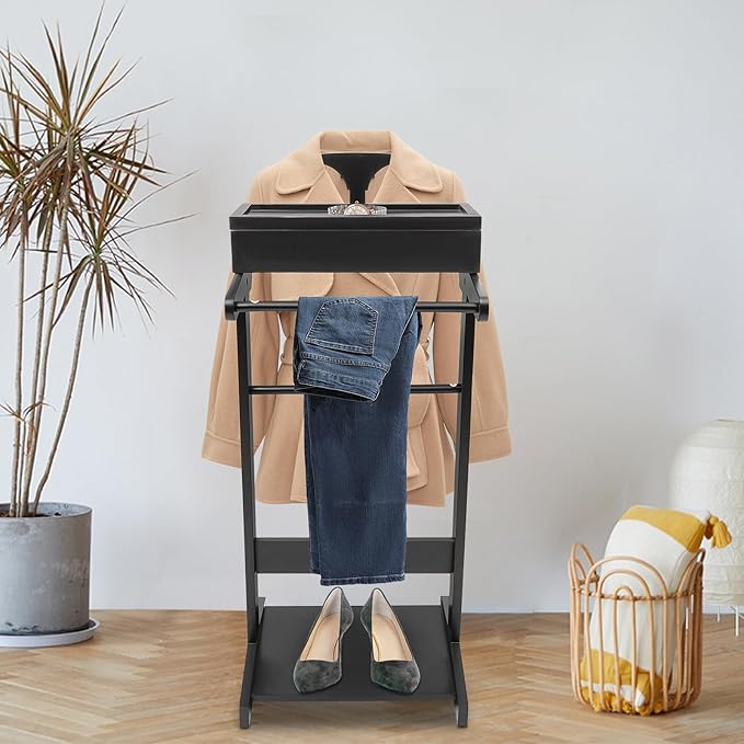 Suit Valet Stands for Women and Men Clothes Wood Valet Stand with Base Freestanding Clothing Organizer Valet Stand Contour Hanger Trouser Bar Belt Hooks for Office Living Room (Black)