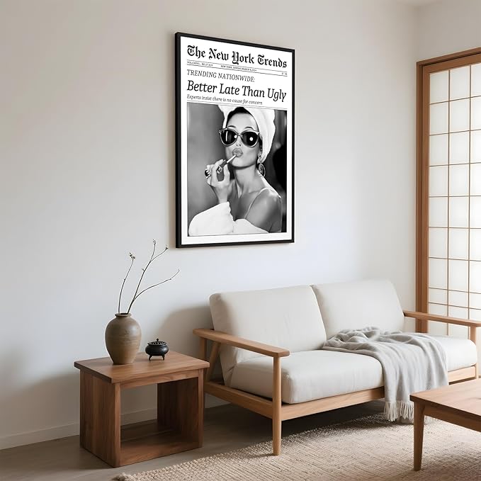 Framed Better Late Than Ugly Wall Decor Vintage Newspaper Wall Art Black and White Fashion Poster Audrey Hepburn Chic Decor New York Trends Glam Quote Canvas Print for Bedroom Bathroom Dorm 16x24inch