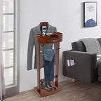 Wooden Suit Rack with Drawer, Valet Stand for Men & Women, Freestanding Clothing Valet Organizer with Wooden Shelf and Charging Port, Solid Birch & Iron Bronze, Holds 22 lbs, for Bedroom Office