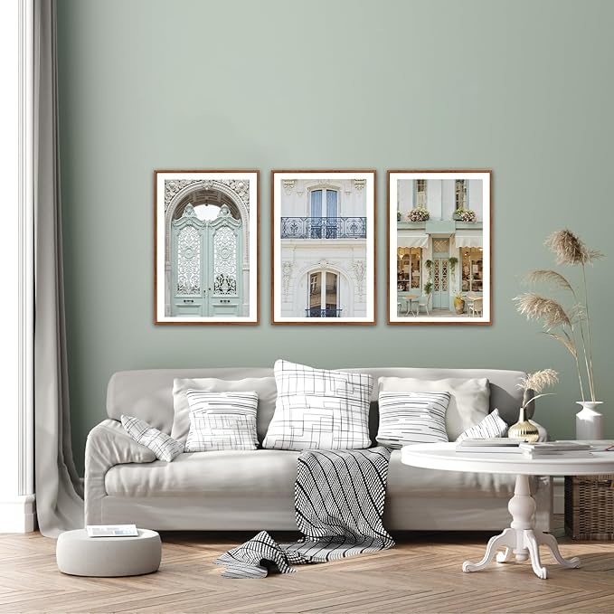 KAlRNE Vintage European Architecture Wall Art Set of 3(16’’X24’’),Framed Pastel Parisian Canvas Prints,Mediterranean Coastal Scenery Decor,Neutral French Italian City Pictures for Living Room Bedroom