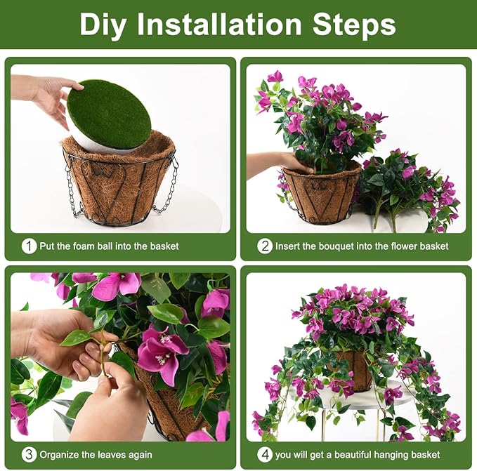 Homsunny Artificial Hanging Flowers Plants Basket for Outdoor Decoration,4 PCS Faux Silk Bougainvillea Vine Flowers Look Real UV Resistant for Outside Porch Patio Yard Garden Decor (Purple)