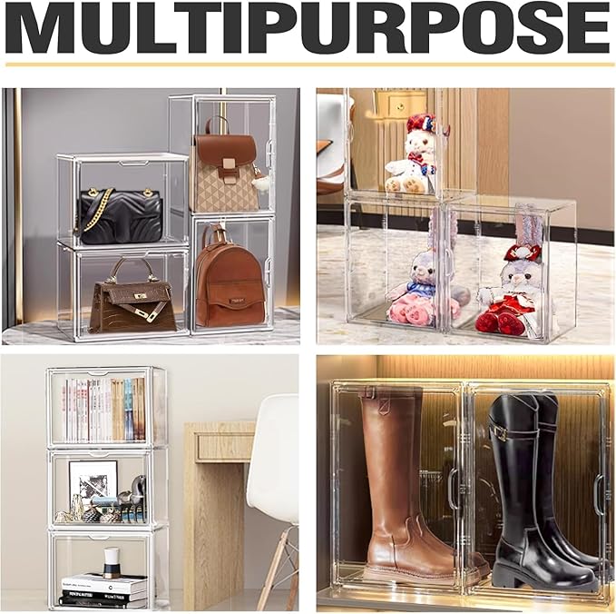 Tall Boot Storage Box 5 Pack, XX-Large Acrylic Shoe Box Sneaker Display Case 11.4'' x 9.8'' x 15.3'' Protection Organizer for Collectibles Clear Plastic Stackable Handbag Organizer with Magnetic Lids