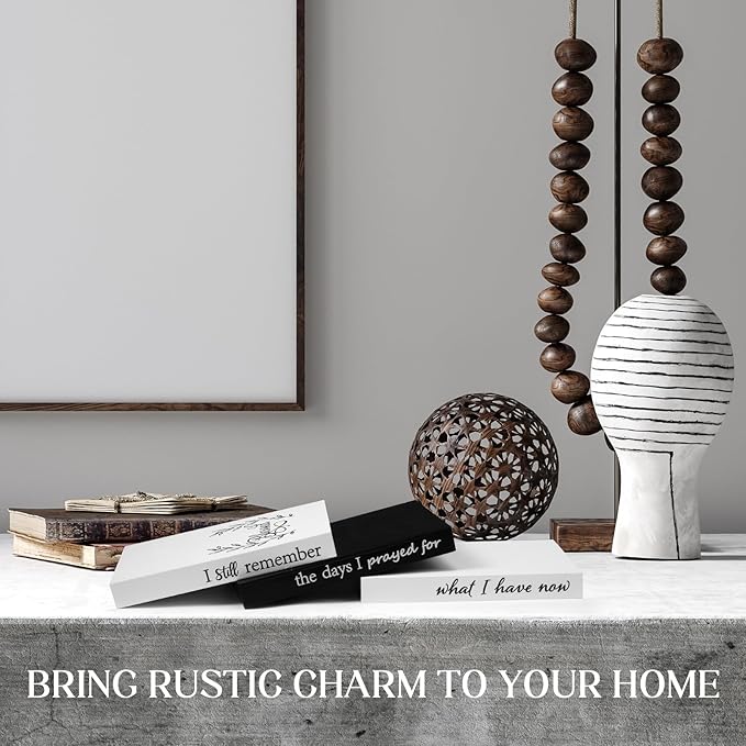 Capoda 3 Pcs Decorative Books for Home Decor Farmhouse Faux Stacked Books Wooden Rustic Table Decor with Bead Garland Twine Ribbon Faux Leaf for Table(Remember)