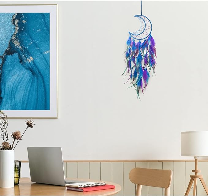Dream Catcher Wall Decor for Girls With Feathers and Beads Pendant - Handwoven Kit for Bedroom and Living Room Decoration (Blue Purple)