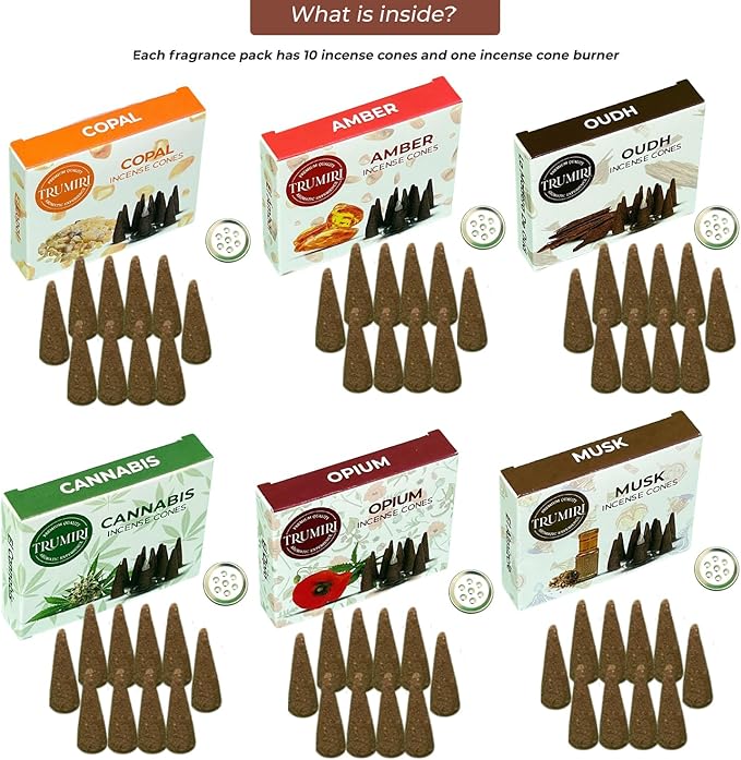 TRUMIRI Exotic Incense Cones - Variety Pack - Total 60 Cone Incense (6 Scents x 10 Conos) - Copal, Oud, Musk, Amber - Cone Incense Scents - Insense Cones - Incent Cone