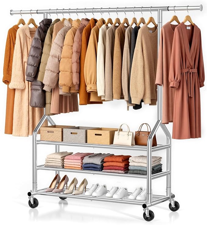 EAGMAK Heavy Duty Clothes Rack Load 686 LBS, Rolling Clothing Rack with 3 Shelves, Height Adjustable Metal Coat Rack, Portable Garment Closet Wardrobe Organizer with Wheels for Hanging Clothes, Silver