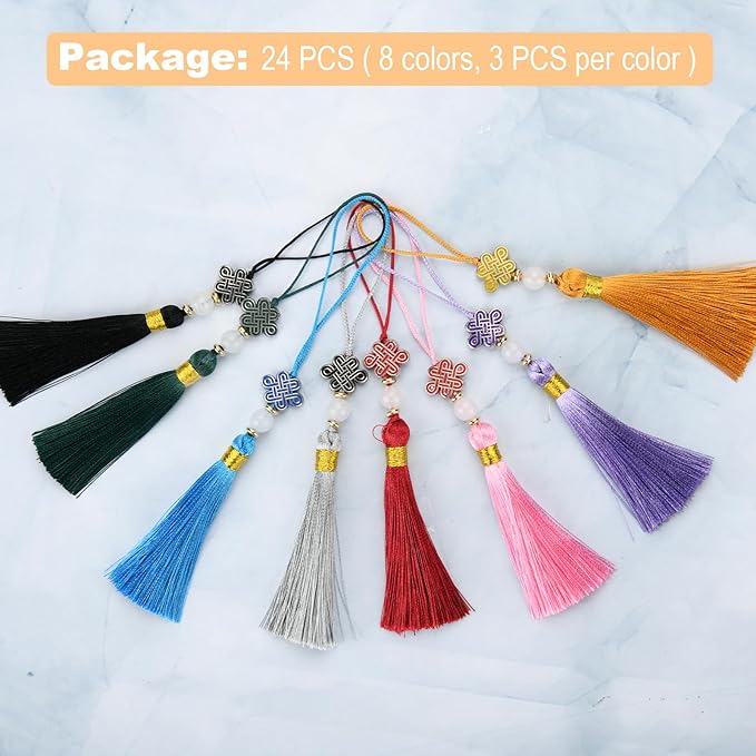 Beautyflier 24PCS Chinese Knot Tassel Pendant for Phone Case, Mini Mala Tassels with Hanging Loop, Jade Beads and Charms for Home Office Decor, Car Hanging Decoration, Graduation (8 Colors #1)