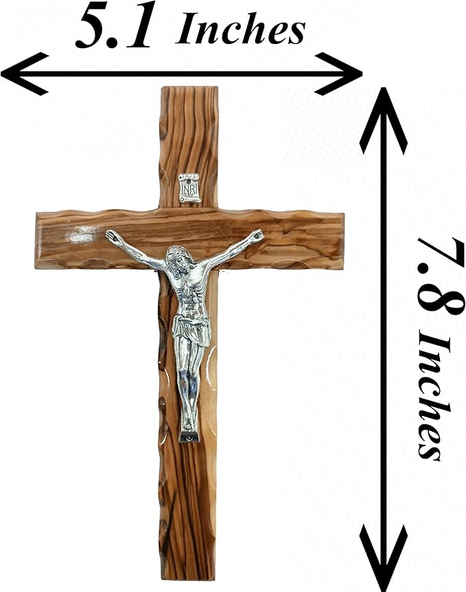 Zuluf 7.8" Olive Wood Latin Cross with Silver Plated Crucifix Christian Wall Gift from Bethlehem Holy Land CRS064