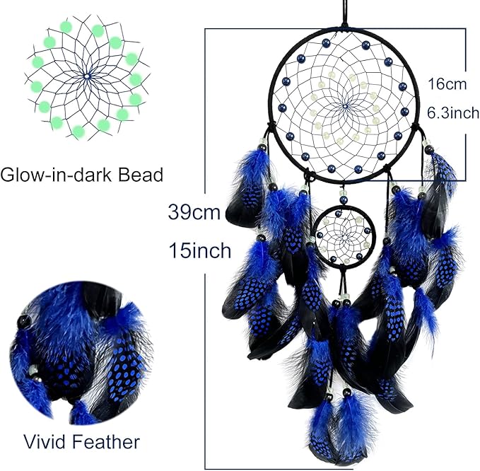 Blue and Black Dream Catcher Wall Decor Feather Dream Catchers with Luminous Bead Handmade Dreamcatcher Wall Hanging Ornament for Bedroom Living Room Home Decor