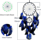 Blue and Black Dream Catcher Wall Decor Feather Dream Catchers with Luminous Bead Handmade Dreamcatcher Wall Hanging Ornament for Bedroom Living Room Home Decor
