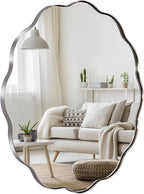 ANDY STAR Chrome Round Wall Mirror 30 inch, Polished Metal Frame Circle Bathroom Mirror in SUS304 Stainless Steel Frame, with Unique Modern Circular Wavy Design