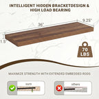 Acovy 36 Inch Floating Shelves, 36"x9.25"x1.5" Inch Deep Floating Shelves for Wall, Wooden Shelves for Bathroom, Bedroom, Living Room, Walnut, 2 Pieces